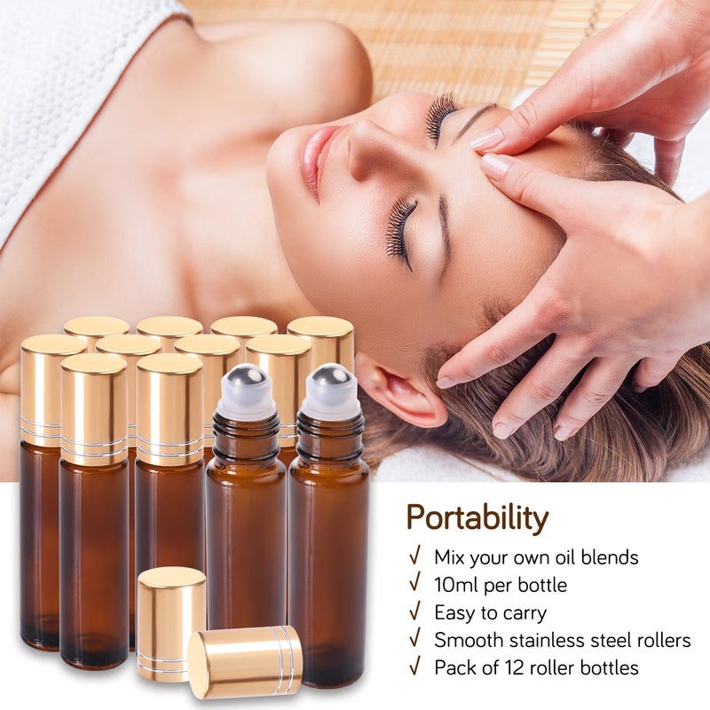 PrettyCare 12 Pack, 10 ml Essential Oil Roller Bottles with Stainless Steel Roller Ball - Refillable Leak-proof Empty Thick Amber Glass Roll on Bottles with Metal Caps for Travel, Perfume - Image 2